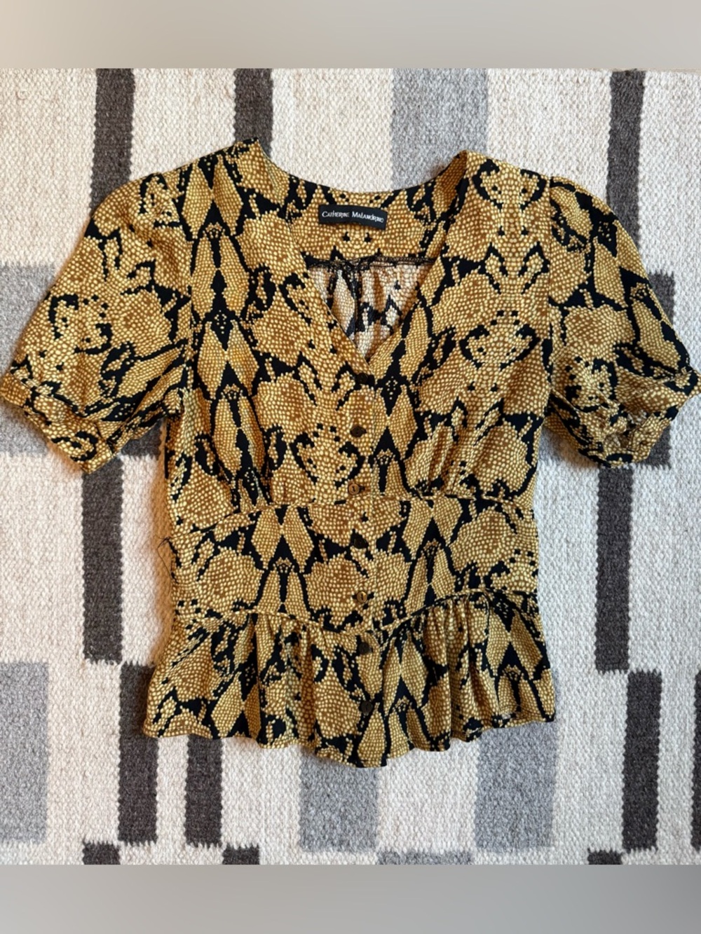 Catherine Malandrino Mustard and Black Snake skin print V-Neck Peplum Top